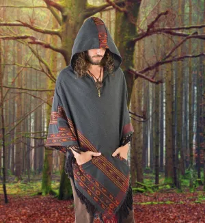 SAMADHI Dark Grey Mens Poncho Yak Wool and Acrylic Wool Blend Handmade Large Hood Pockets Earthy Tribal Pattern Festival AJJAYA Mexican