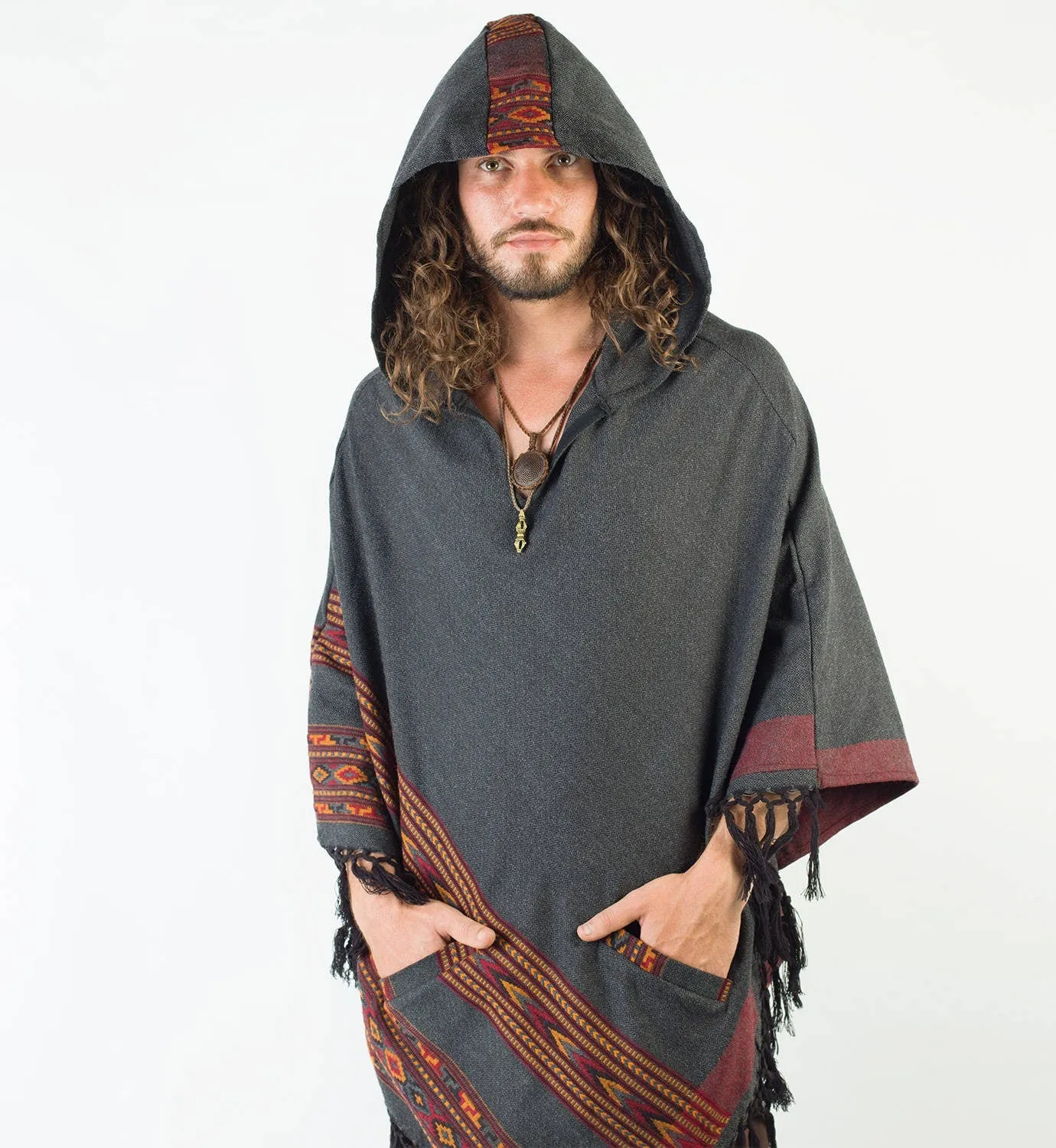 SAMADHI Dark Grey Mens Poncho Yak Wool and Acrylic Wool Blend Handmade Large Hood Pockets Earthy Tribal Pattern Festival AJJAYA Mexican