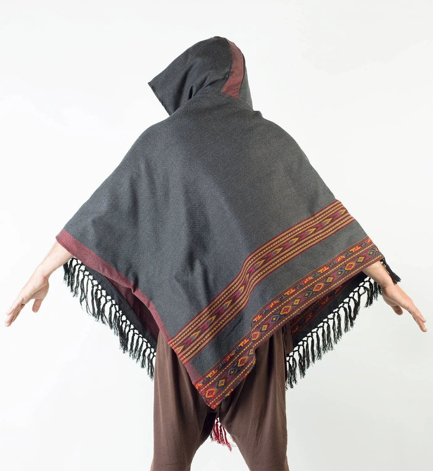 SAMADHI Dark Grey Mens Poncho Yak Wool and Acrylic Wool Blend Handmade Large Hood Pockets Earthy Tribal Pattern Festival AJJAYA Mexican