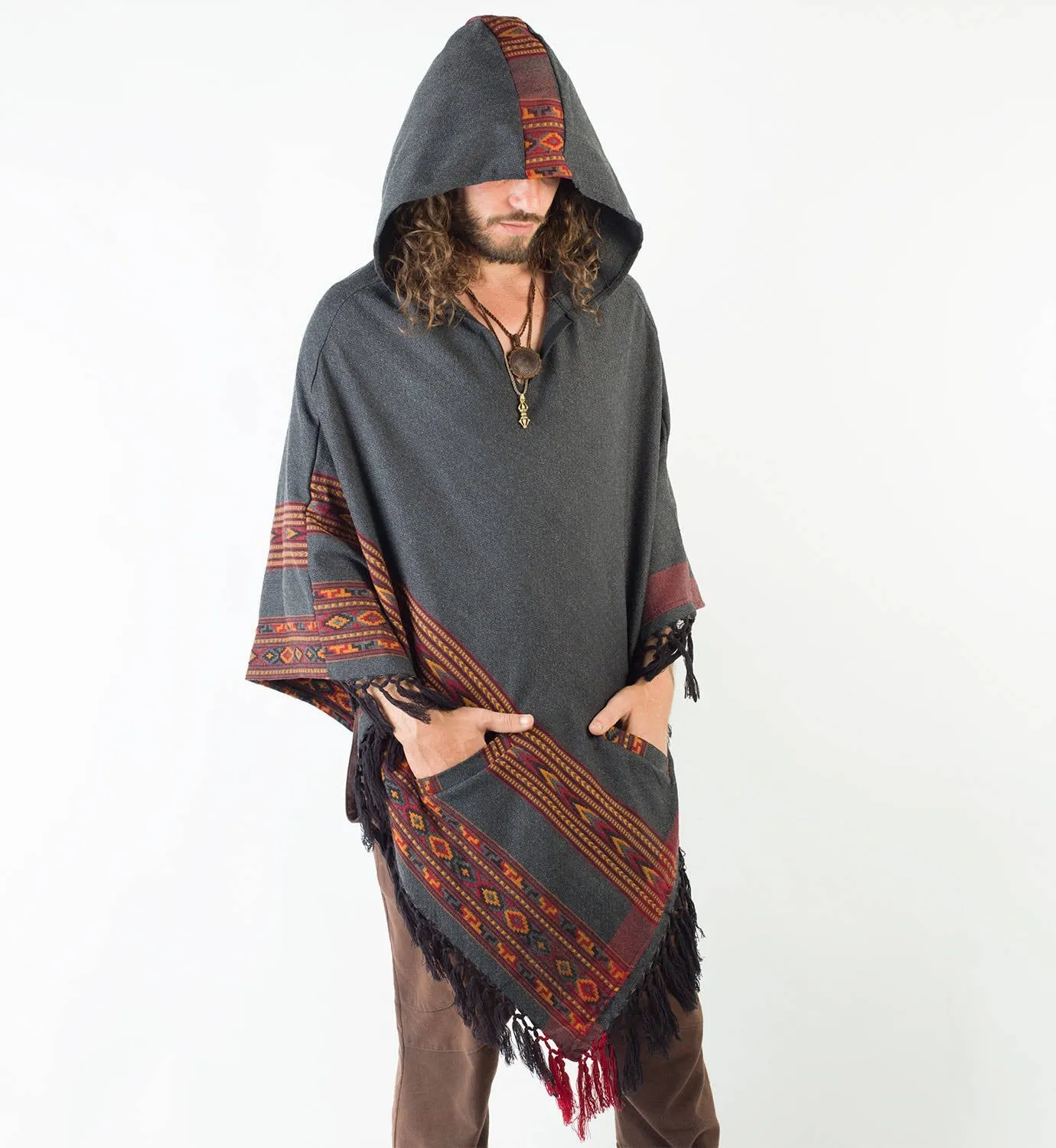 SAMADHI Dark Grey Mens Poncho Yak Wool and Acrylic Wool Blend Handmade Large Hood Pockets Earthy Tribal Pattern Festival AJJAYA Mexican