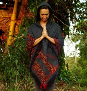 SAMADHI Handmade Embroidered Grey Poncho with Hood YAK Wool and Acrylic Wool Blend Earthy Tribal Alternative Pattern Festival Gypsy AJJAYA