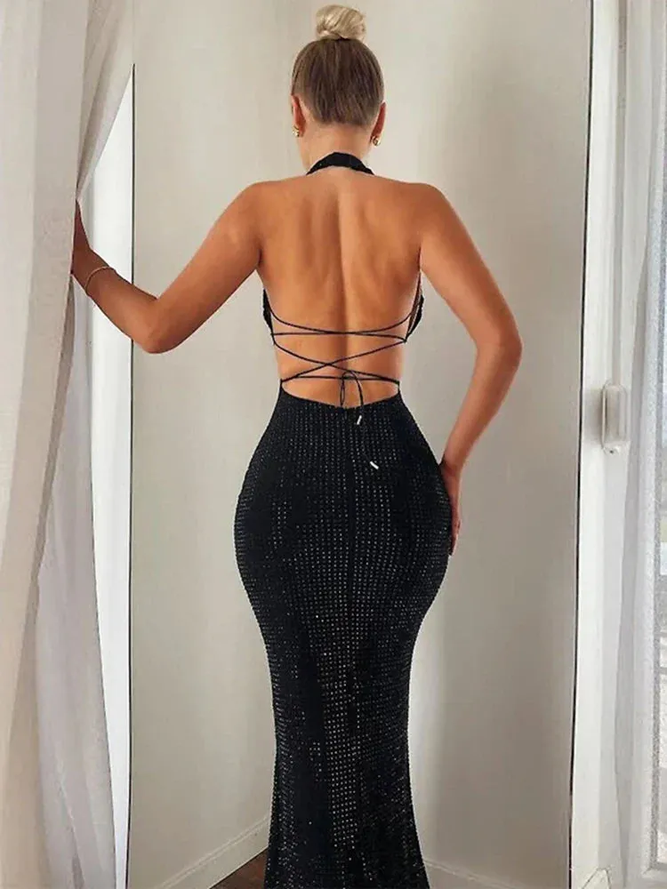 Sequin Sexy Party Backless Bodycon Elegant Long Spring Summer Maxi Dress