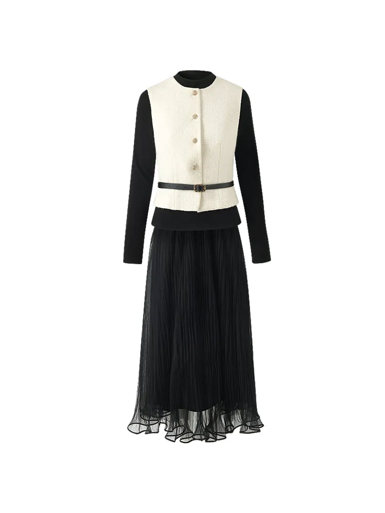 Sheath Sweater And Tulle Skirt And Vest Three-Piece Set With Belt