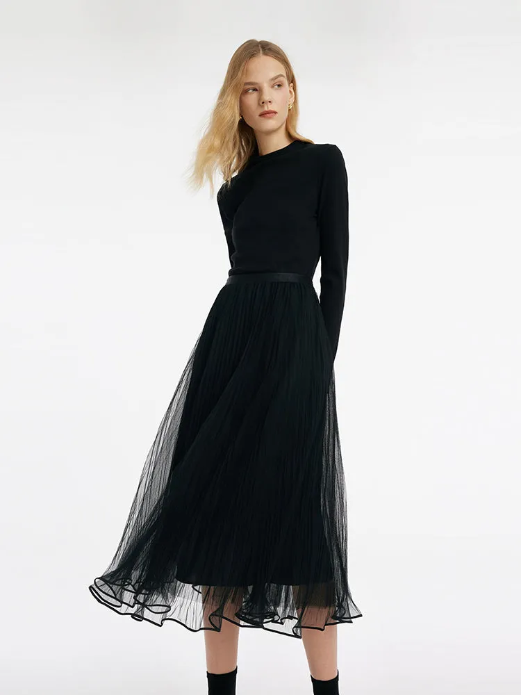 Sheath Sweater And Tulle Skirt And Vest Three-Piece Set With Belt