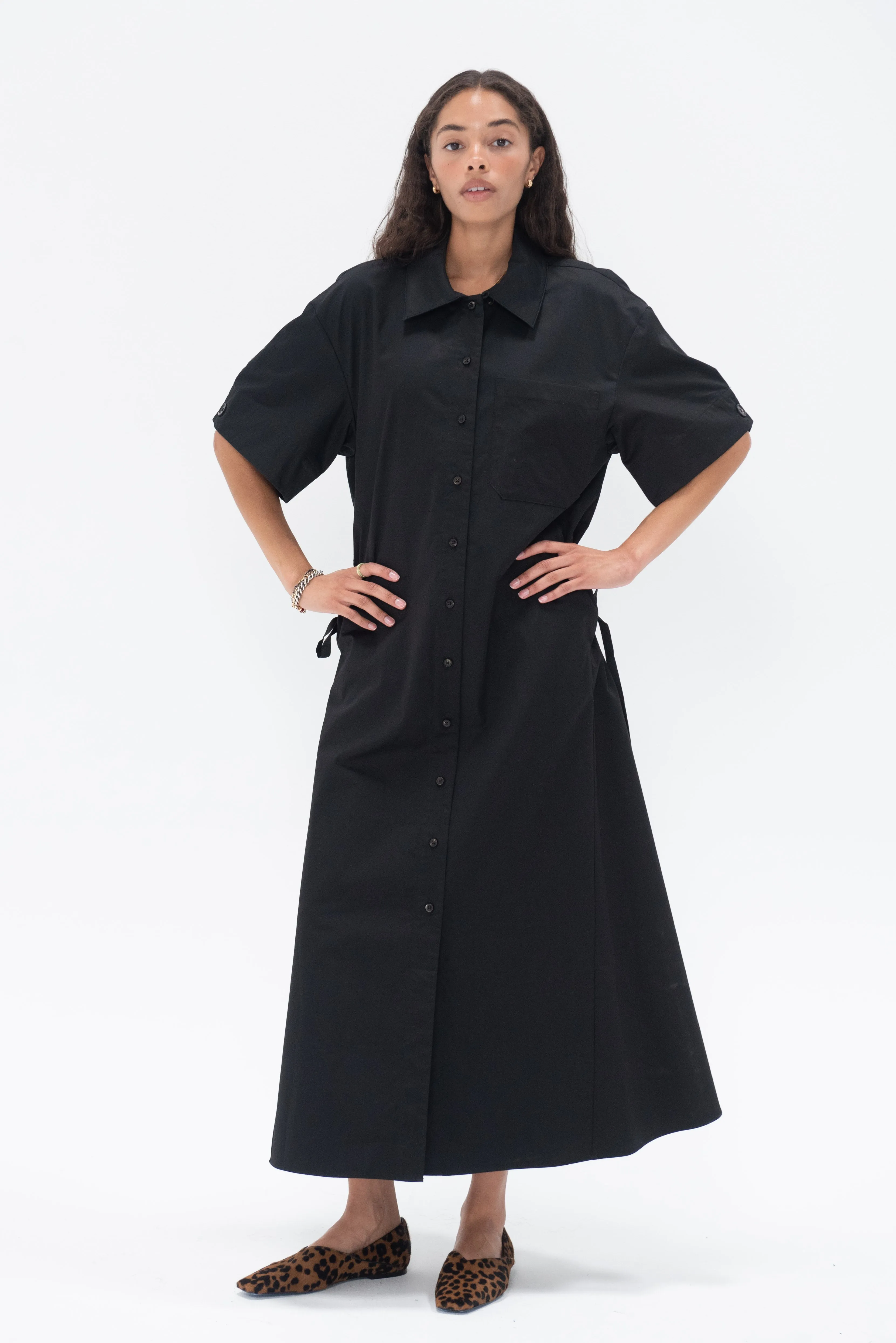 Short Sleeve Shirtdress, Black