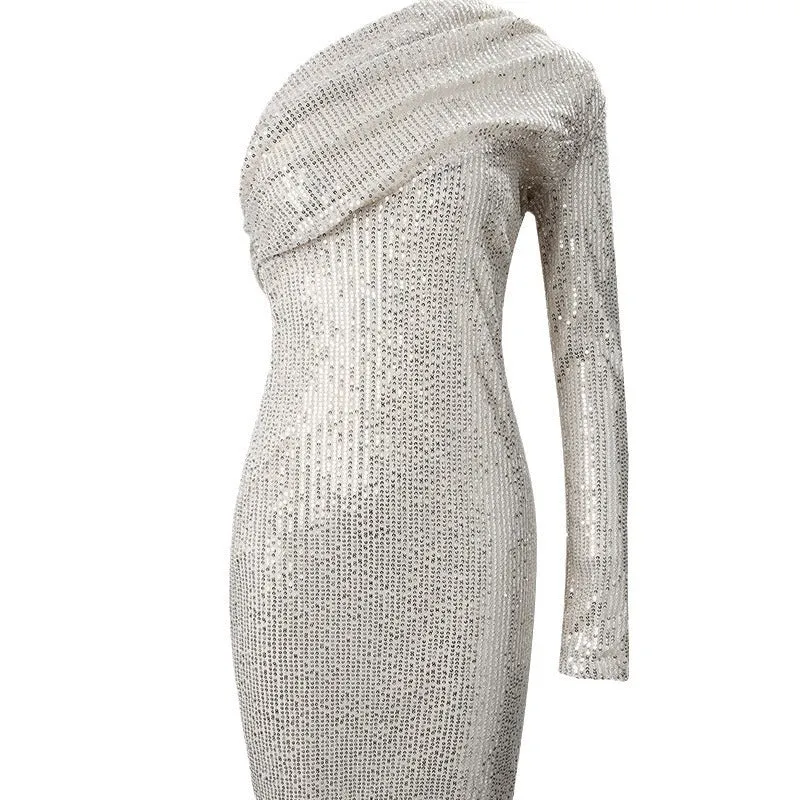 Silver One Shoulder Sequin Formal Dress