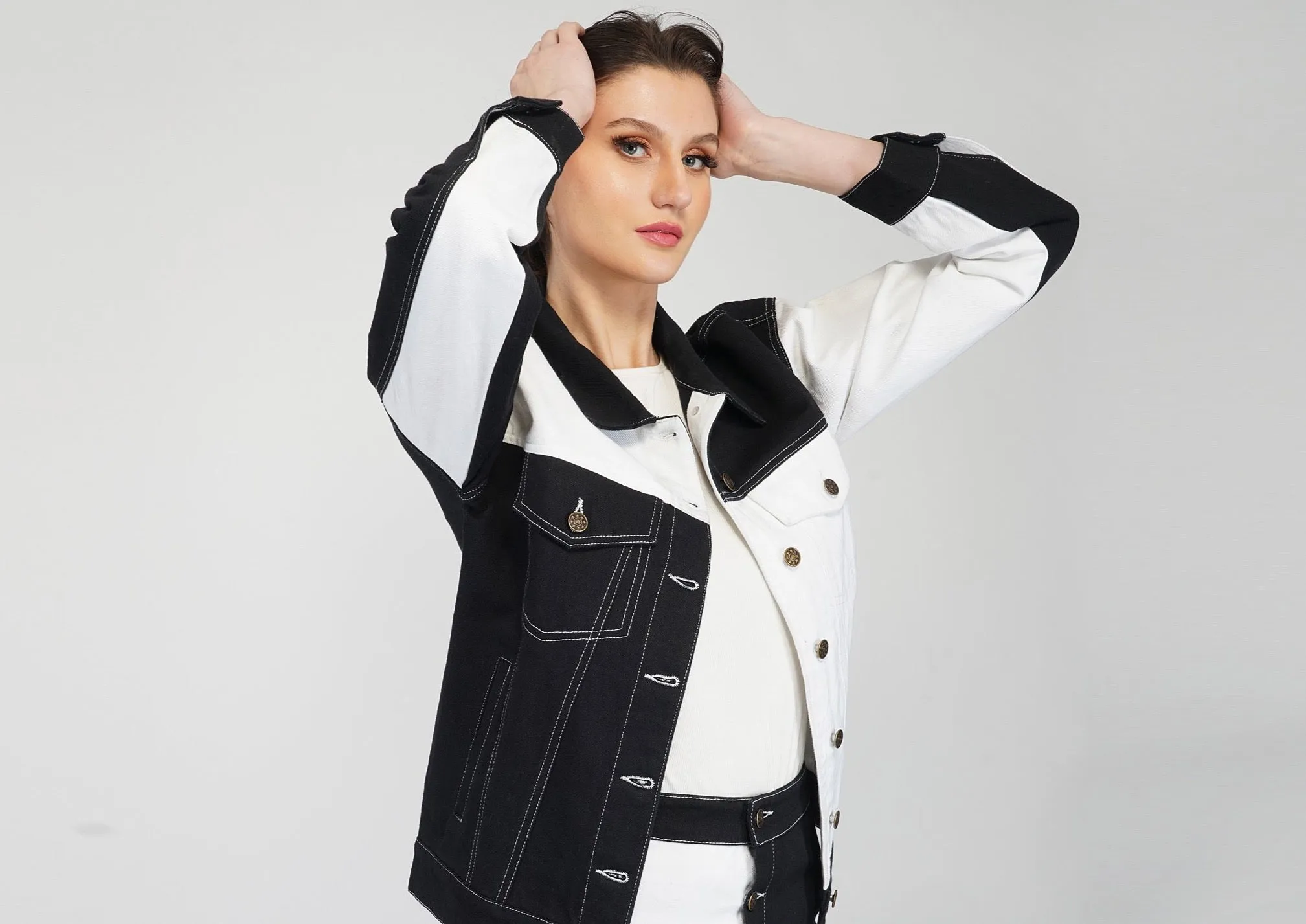 SLAY. Women's Black White Colorblock Denim Jacket