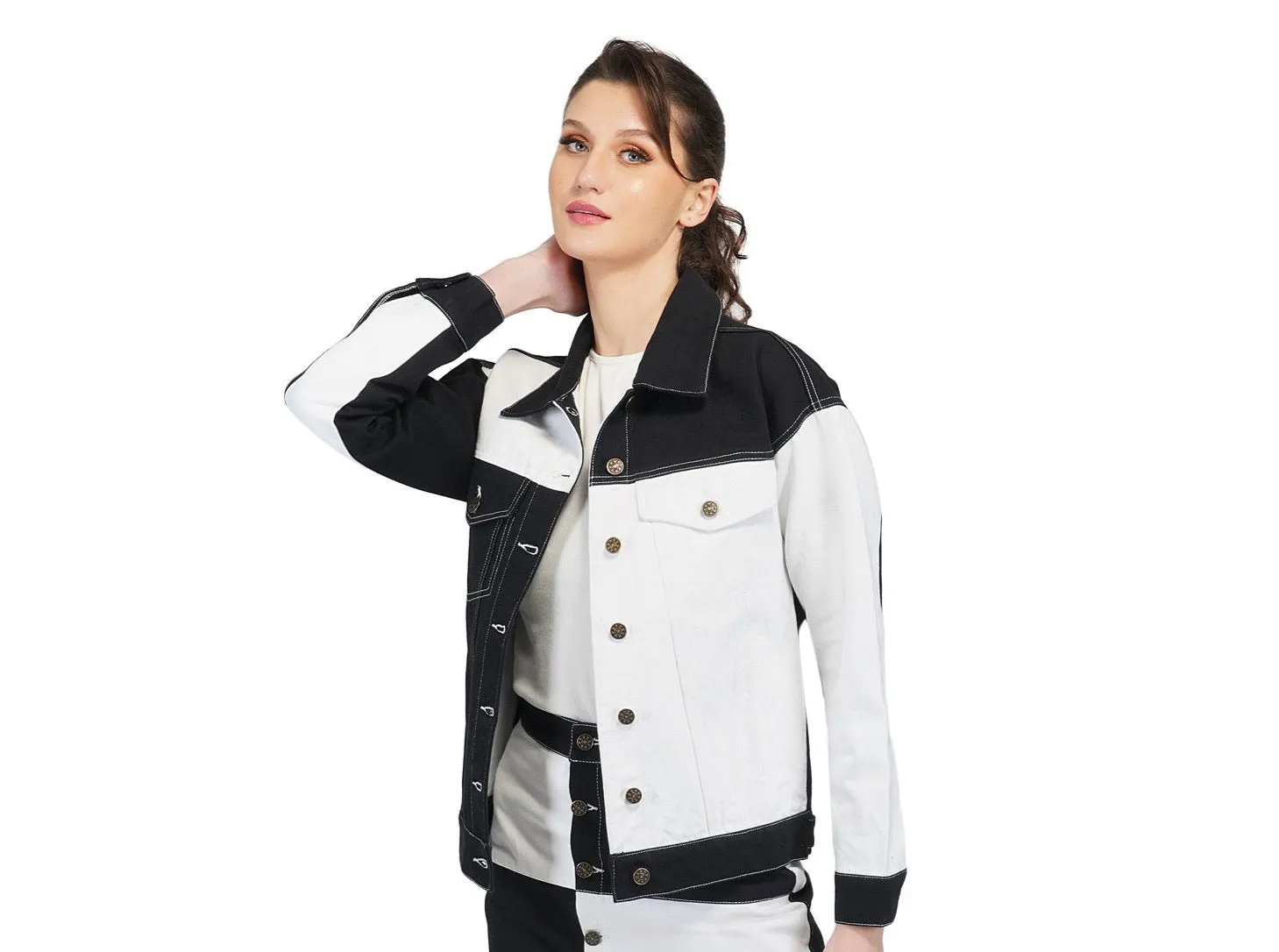 SLAY. Women's Black White Colorblock Denim Jacket