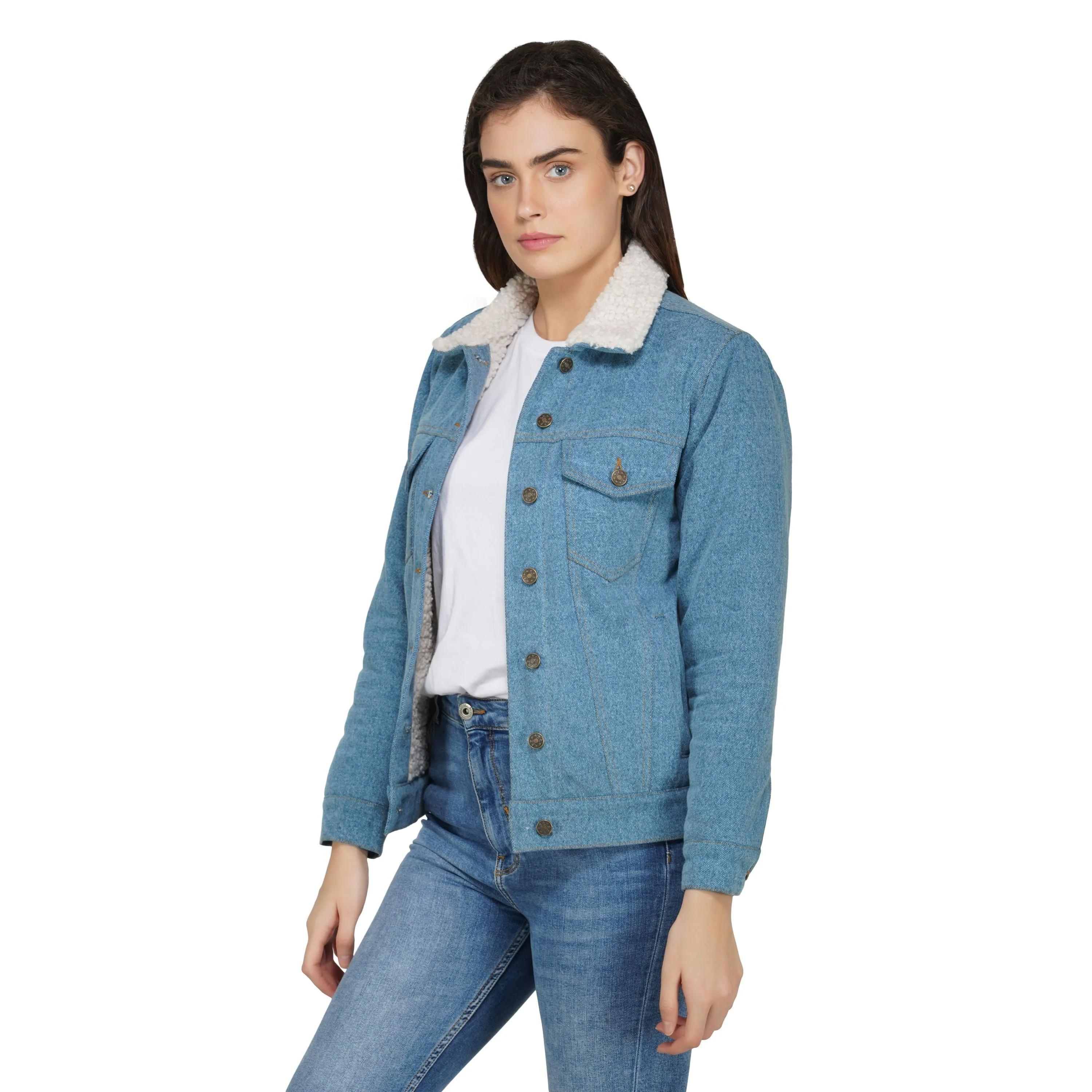 SLAY. Women's Enzyme Washed Denim Jacket with Faux-fur Lining