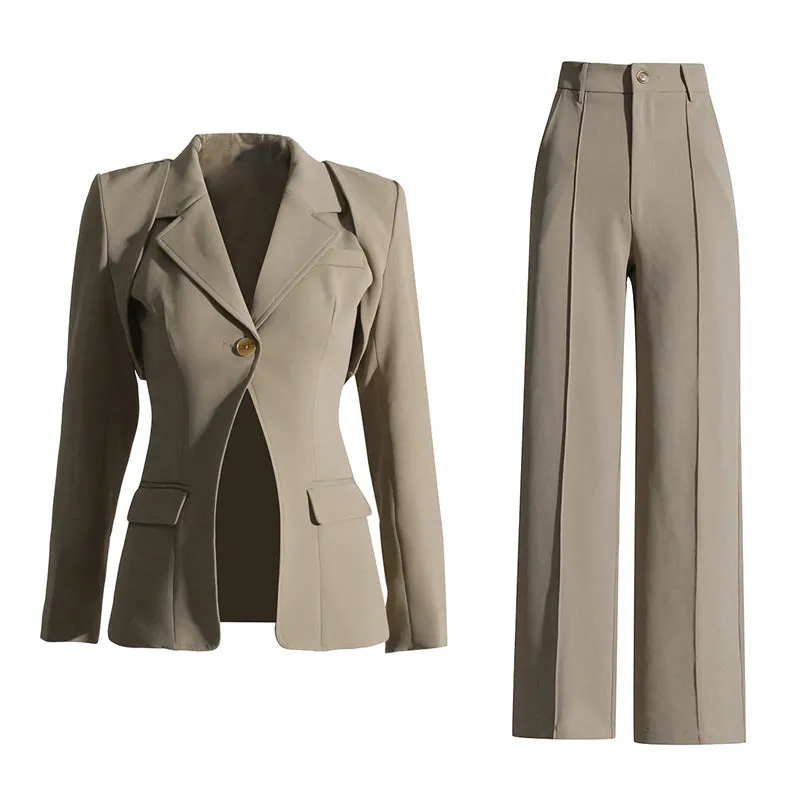 Slimming Waist Jacket High Waist Straight Leg Pants Set