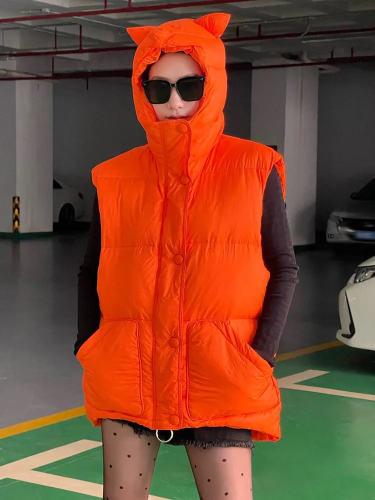 Solid Casual Vest Coat For Women Hooded Collar Sleeveless Solid Sashes Single Breasted Vests Female Clothing Winter