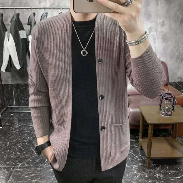 Solid Color Knitwear Pockets Decorated Cardigan