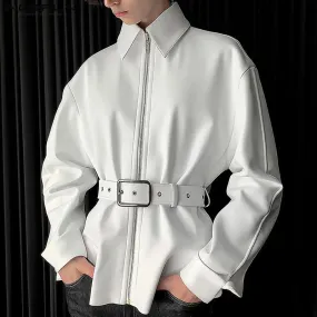 Solid Lapel Zipper Belt Jacket