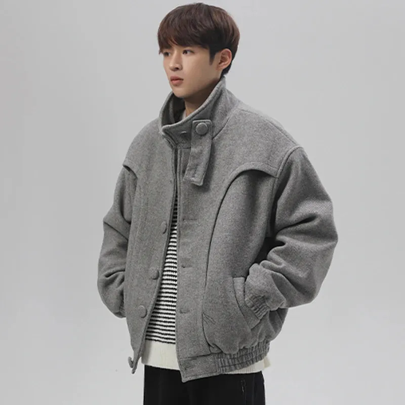 Solid Male Woolen Stand Collar Jacket