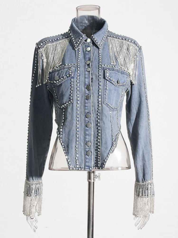 Spliced Diamonds Denim Jackets For Women Lapel Long Sleeve Patchwork Tassel Casual Jacket Female Fashion Clothing