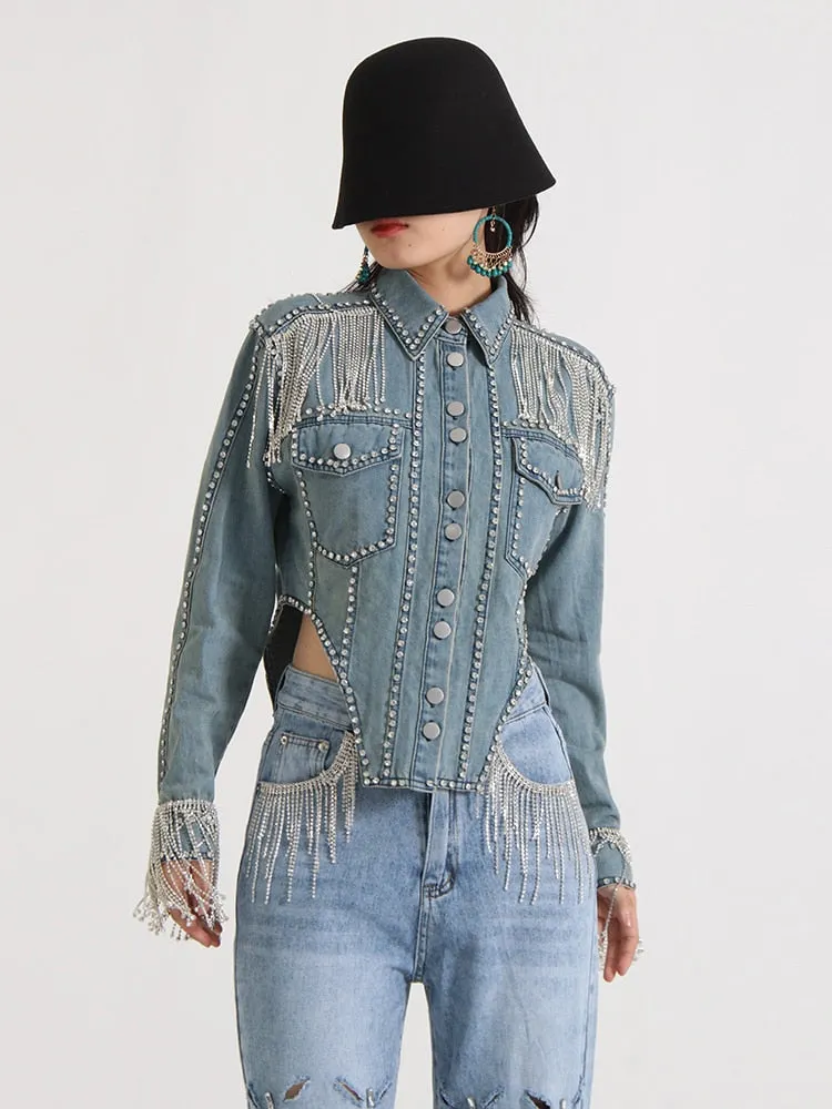 Spliced Diamonds Denim Jackets For Women Lapel Long Sleeve Patchwork Tassel Casual Jacket Female Fashion Clothing