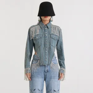 Spliced Diamonds Denim Jackets For Women Lapel Long Sleeve Patchwork Tassel Casual Jacket Female Fashion Clothing