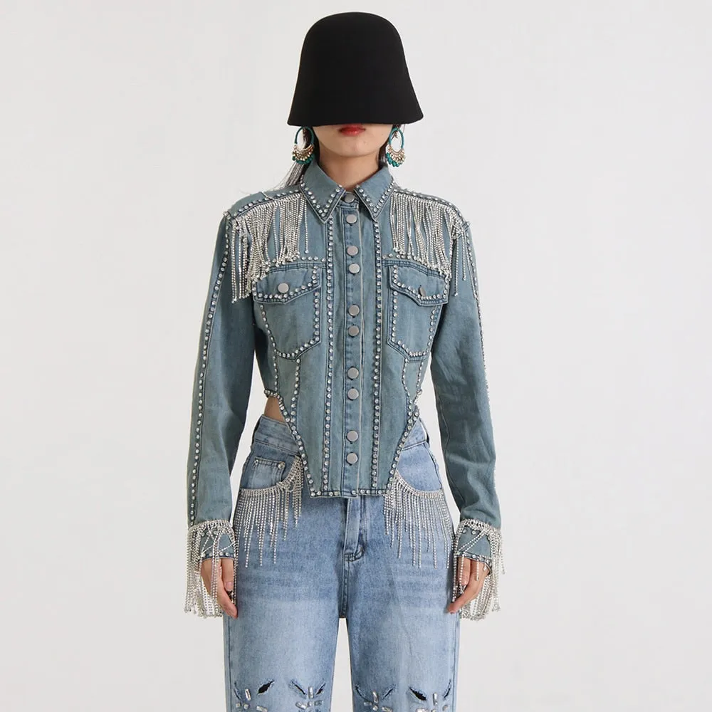 Spliced Diamonds Denim Jackets For Women Lapel Long Sleeve Patchwork Tassel Casual Jacket Female Fashion Clothing