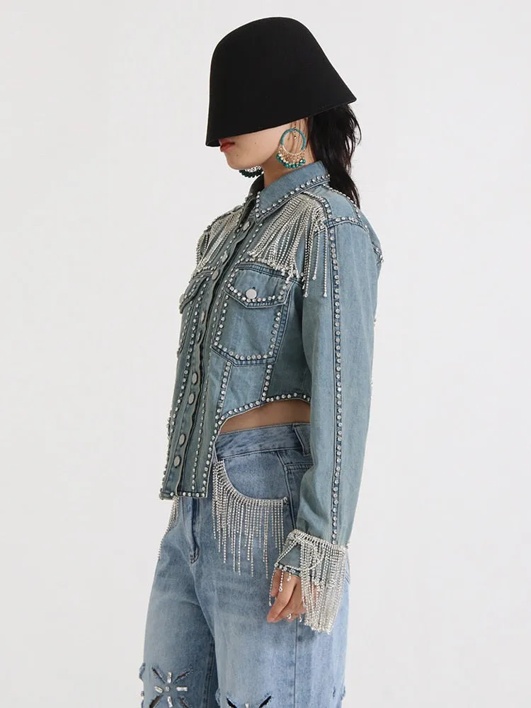 Spliced Diamonds Denim Jackets For Women Lapel Long Sleeve Patchwork Tassel Casual Jacket Female Fashion Clothing