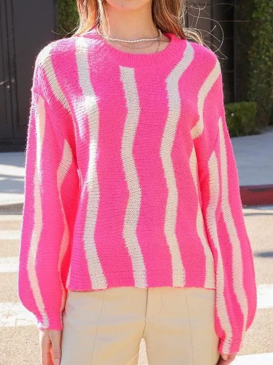 Strike me Pink Striped Drop Shoulder Sweater