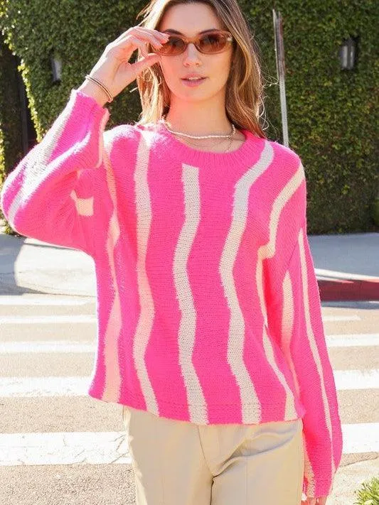 Strike me Pink Striped Drop Shoulder Sweater