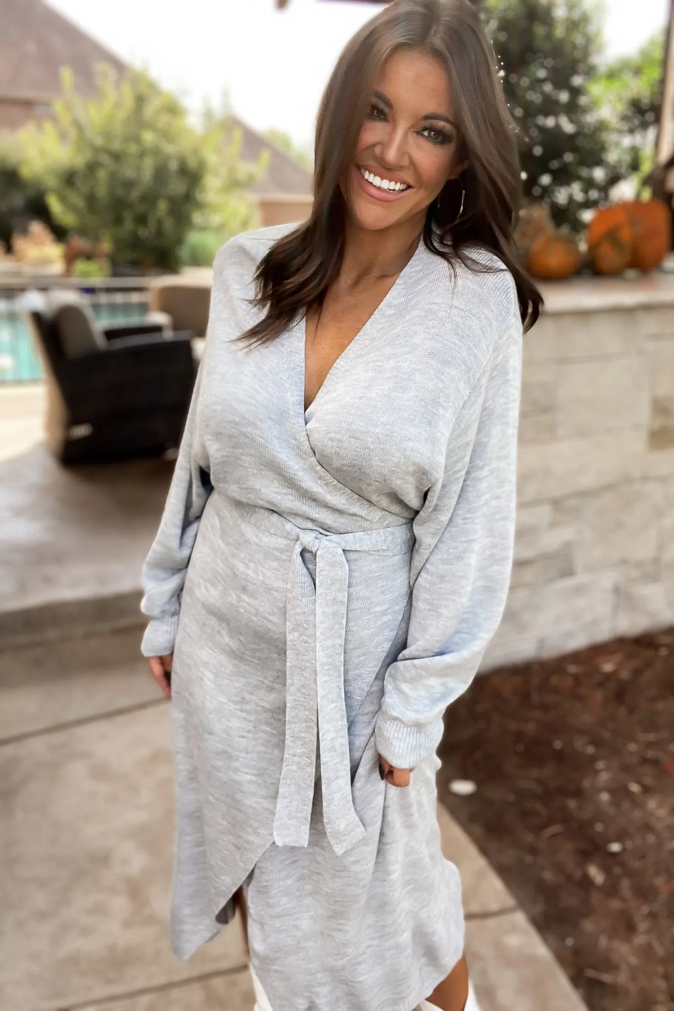 Sweater Weather Heather Gray Knit Sweater Wrap Midi Dress