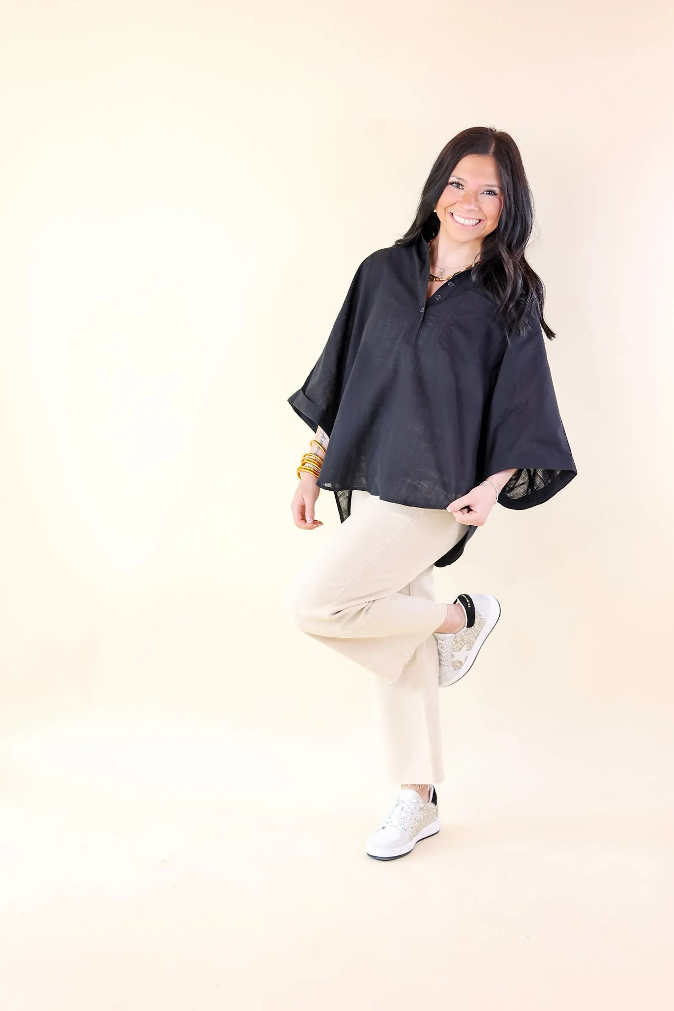 Sweet Surprise Half Button Up Poncho Top with Collared Neckline in Black