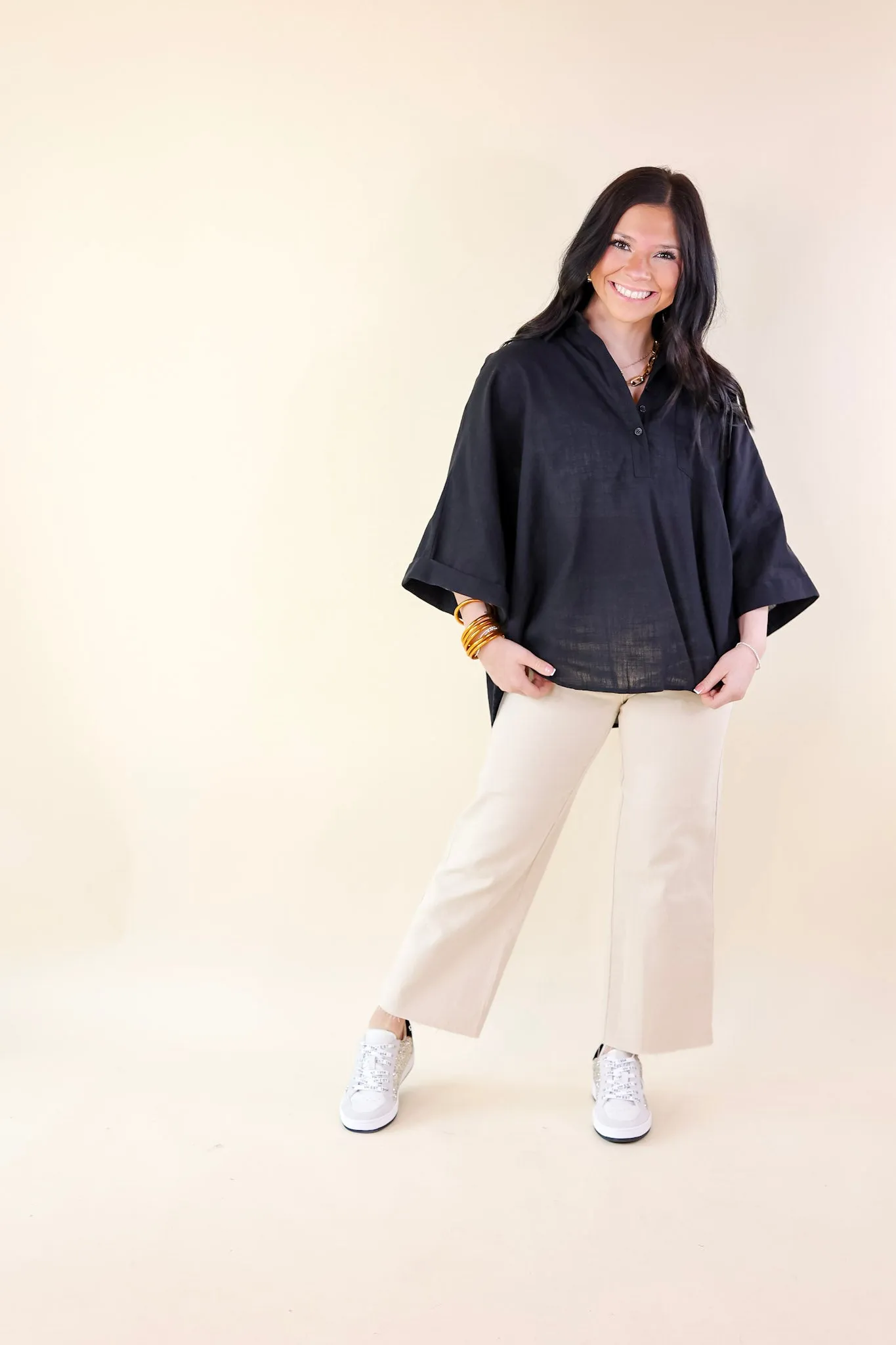 Sweet Surprise Half Button Up Poncho Top with Collared Neckline in Black