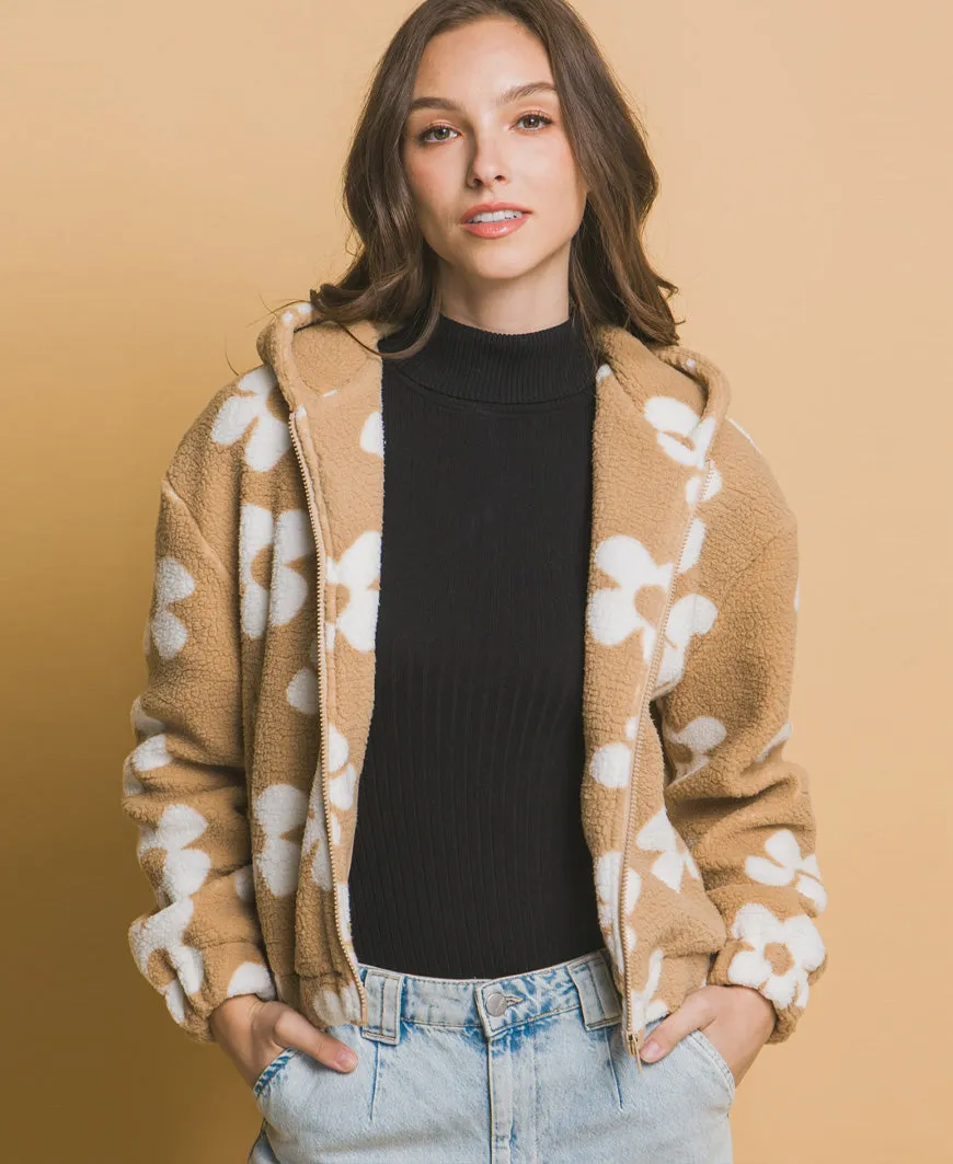 Tan Sherpa Fleece Floral Jacket