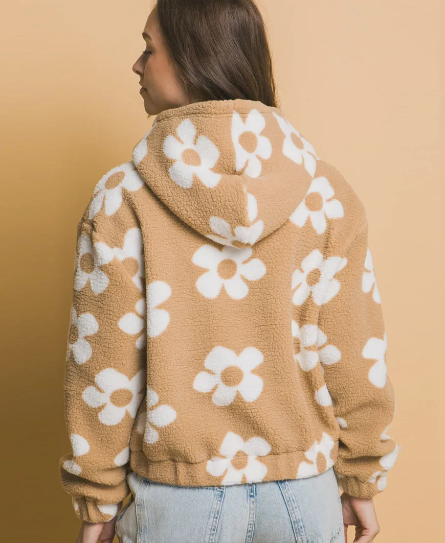 Tan Sherpa Fleece Floral Jacket