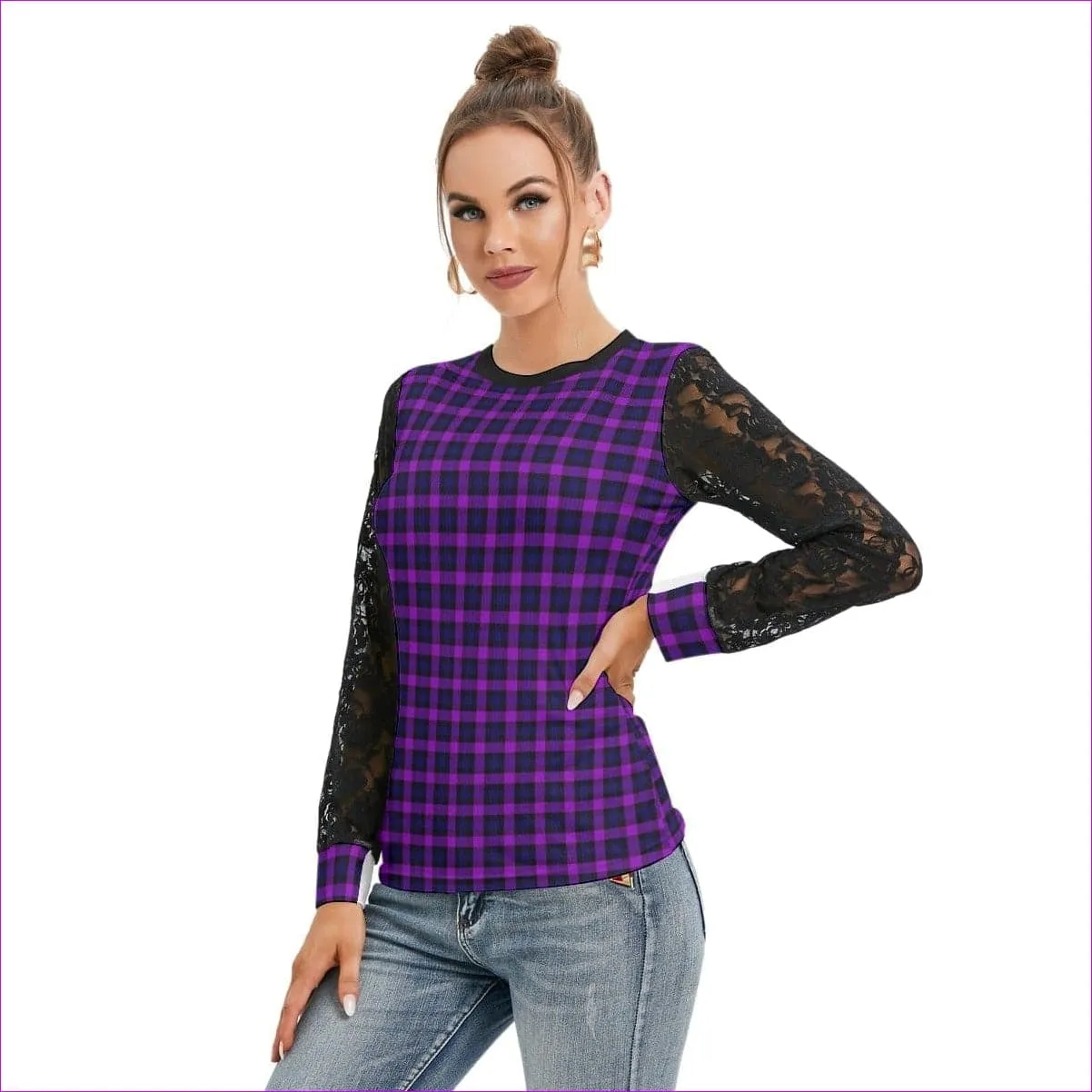 Tartan 2 Women's T-shirt With Black Lace Sleeves