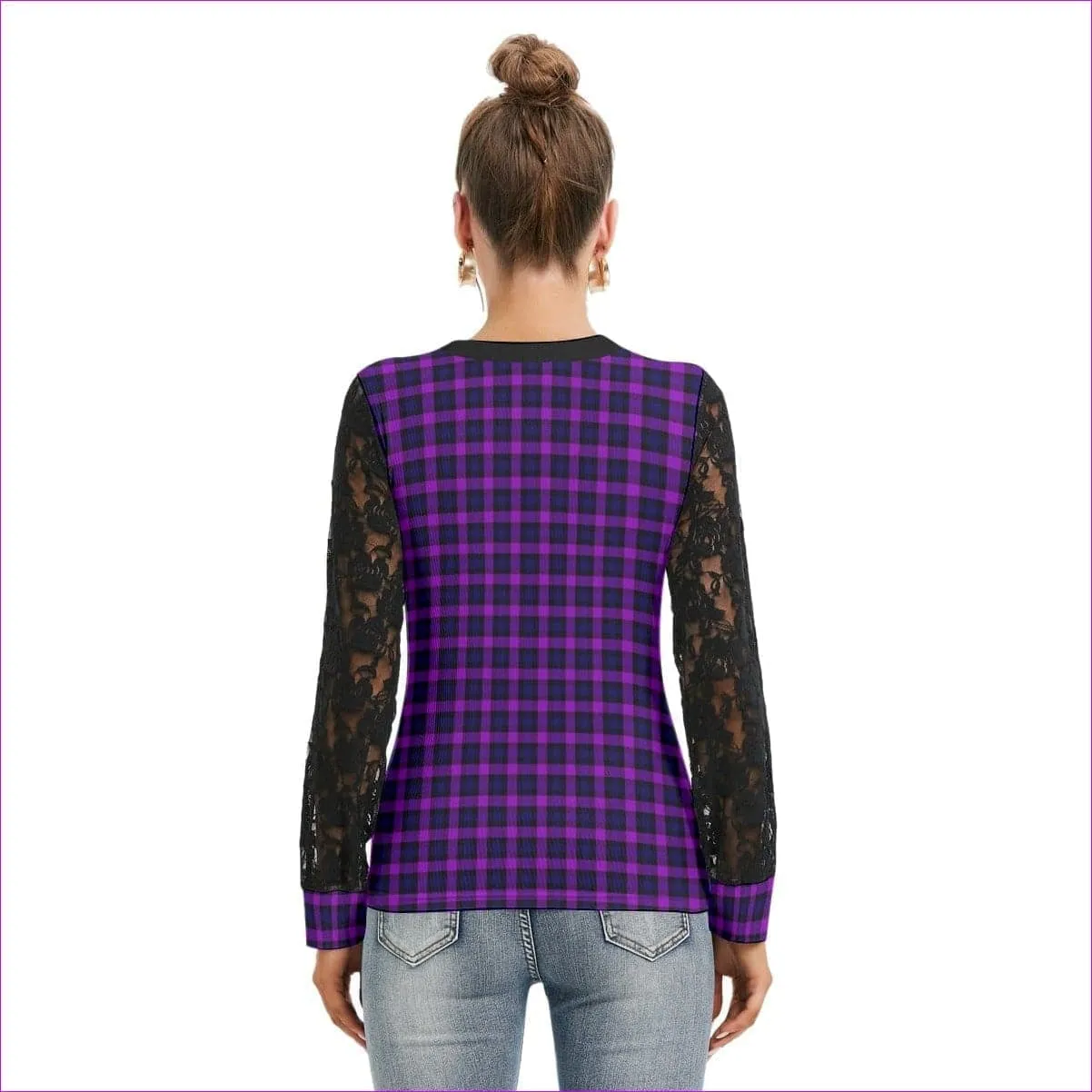 Tartan 2 Women's T-shirt With Black Lace Sleeves