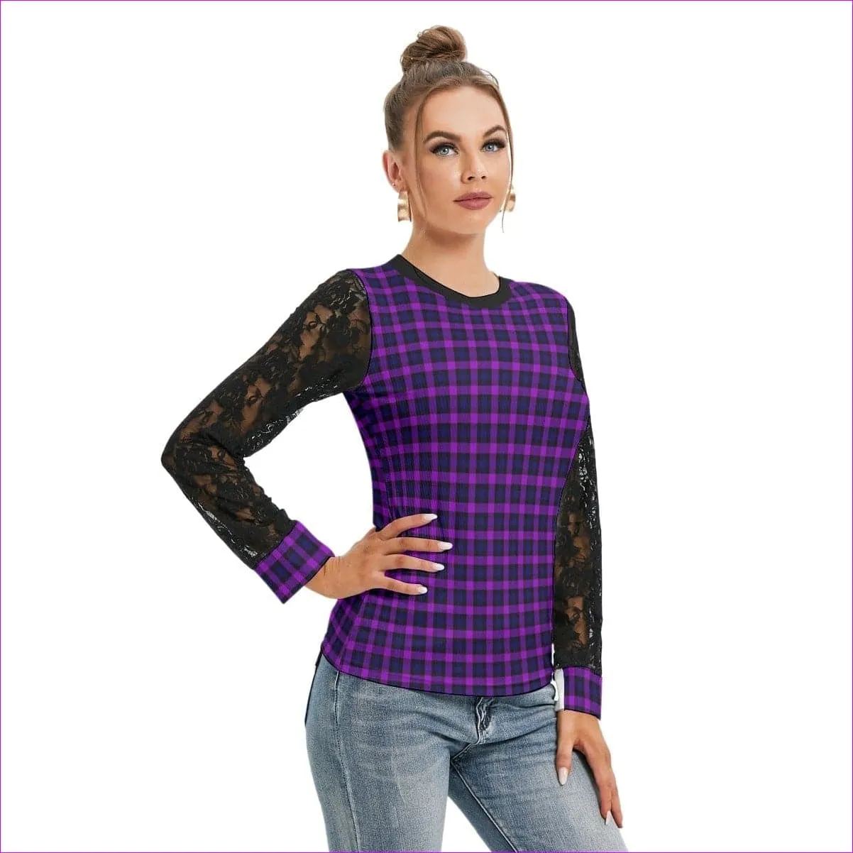 Tartan 2 Women's T-shirt With Black Lace Sleeves