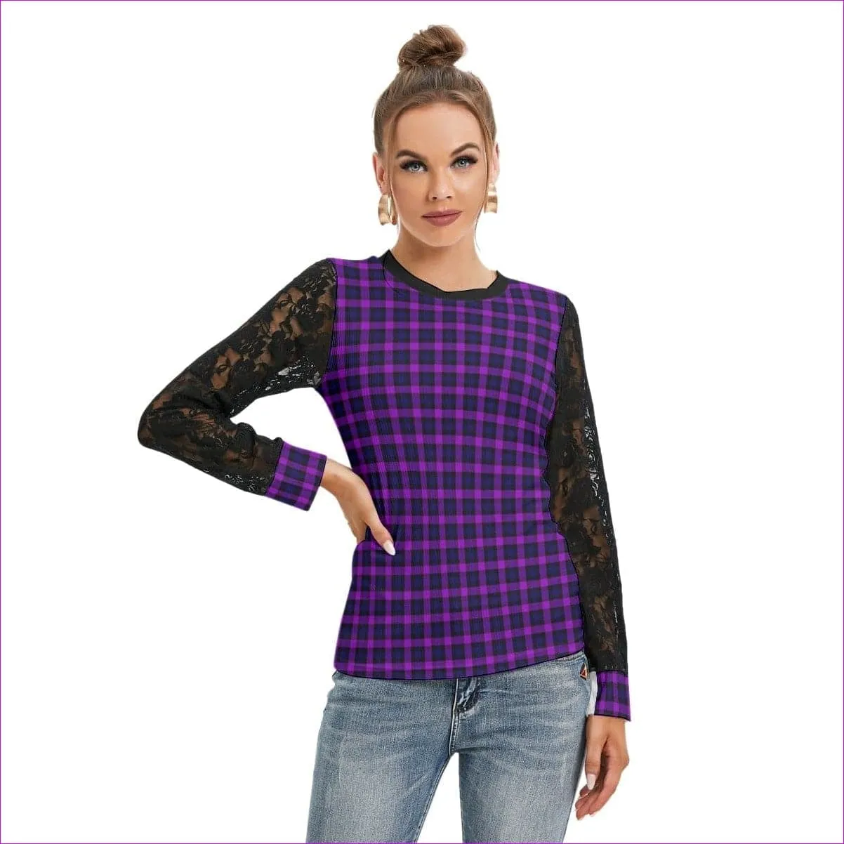 Tartan 2 Women's T-shirt With Black Lace Sleeves