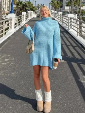 TAVIMART  -  2025 Autumn Winter Blue Sweater Dress Fashion High Collar Knit Short Dress Loose Straight Solid Flare Sleeve Casual Women Dress