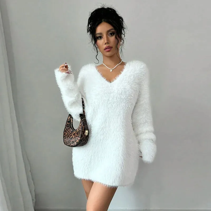 TAVIMART  -  Plush V-neck Knitted Mini Dress Woman Loose Autumn Winter Women's Sweater Soft Above Knee Long Sleeve Solid Casual Dresses Warm