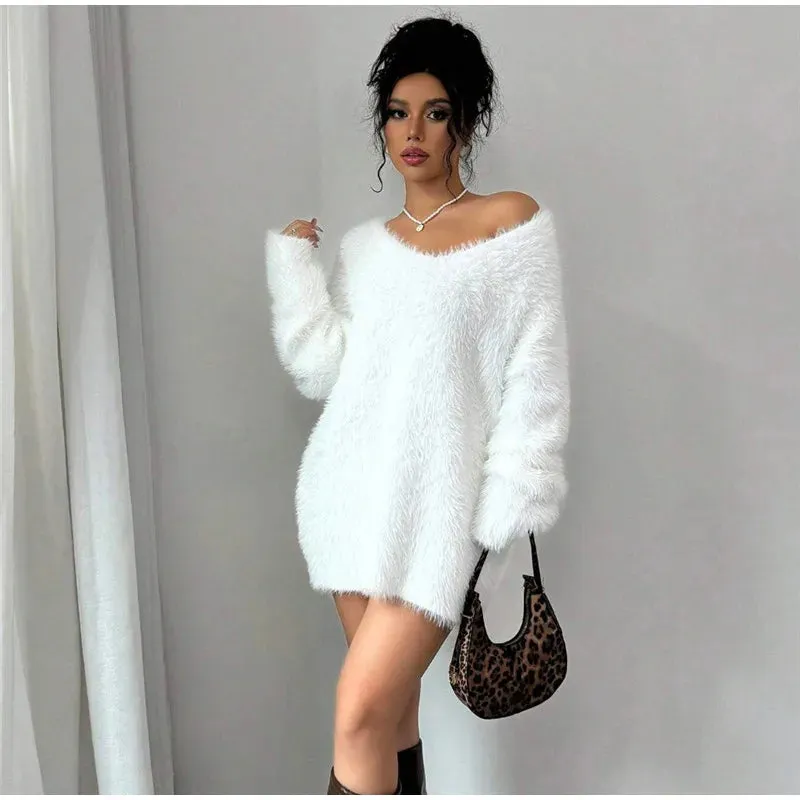 TAVIMART  -  Plush V-neck Knitted Mini Dress Woman Loose Autumn Winter Women's Sweater Soft Above Knee Long Sleeve Solid Casual Dresses Warm