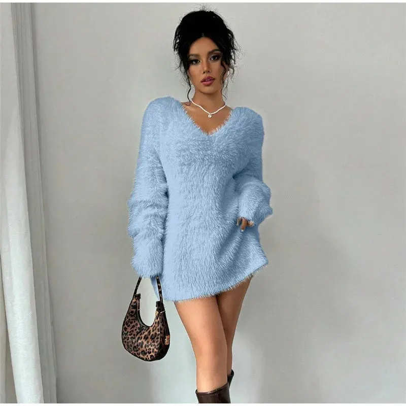 TAVIMART  -  Plush V-neck Knitted Mini Dress Woman Loose Autumn Winter Women's Sweater Soft Above Knee Long Sleeve Solid Casual Dresses Warm