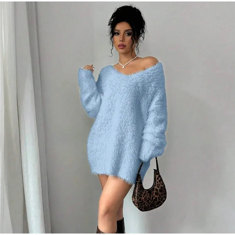 TAVIMART  -  Plush V-neck Knitted Mini Dress Woman Loose Autumn Winter Women's Sweater Soft Above Knee Long Sleeve Solid Casual Dresses Warm