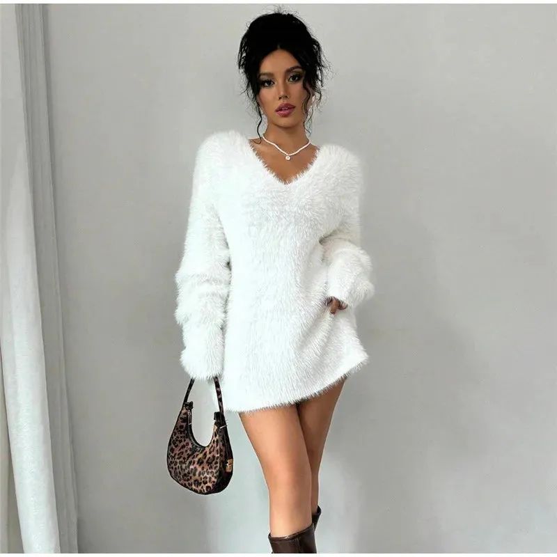 TAVIMART  -  Plush V-neck Knitted Mini Dress Woman Loose Autumn Winter Women's Sweater Soft Above Knee Long Sleeve Solid Casual Dresses Warm