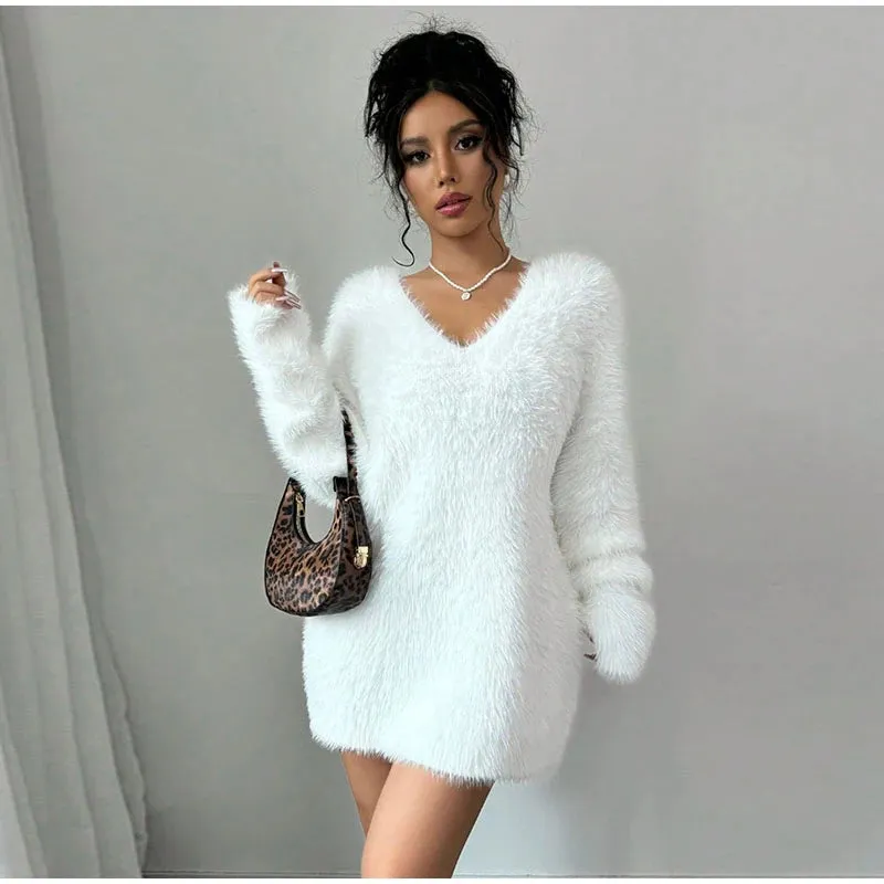 TAVIMART  -  Plush V-neck Knitted Mini Dress Woman Loose Autumn Winter Women's Sweater Soft Above Knee Long Sleeve Solid Casual Dresses Warm