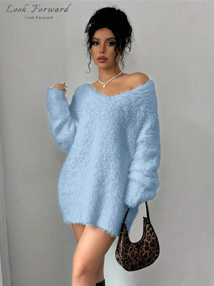 TAVIMART  -  Plush V-neck Knitted Mini Dress Woman Loose Autumn Winter Women's Sweater Soft Above Knee Long Sleeve Solid Casual Dresses Warm