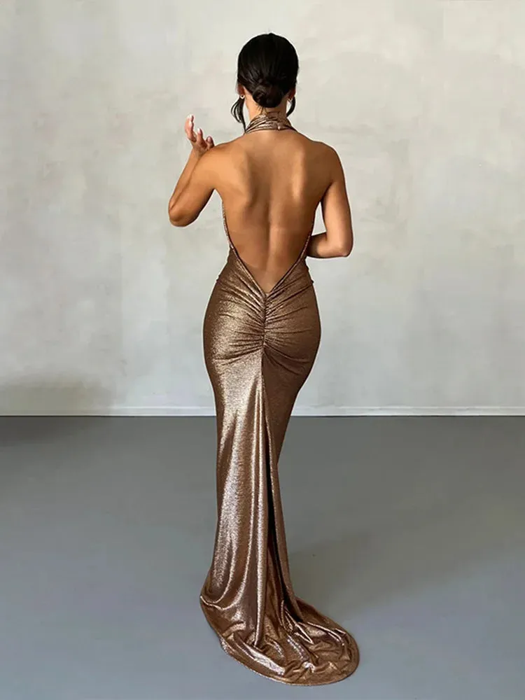 Temperament Slim Bodycon Mermaid Sexy Party Halter Backless Long Maxi Dress