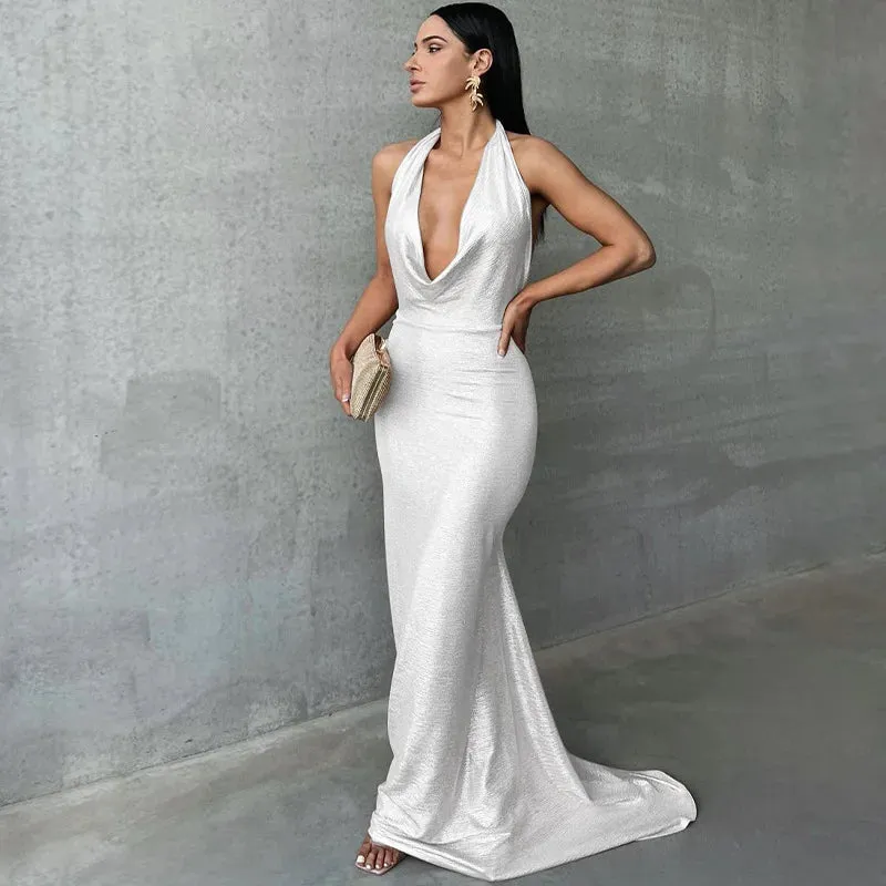 Temperament Slim Bodycon Mermaid Sexy Party Halter Backless Long Maxi Dress