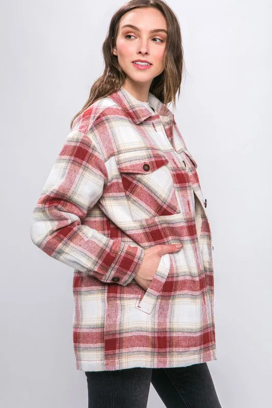 Terra Cotta Plaid Button Up Jacket with Sherpa Lining