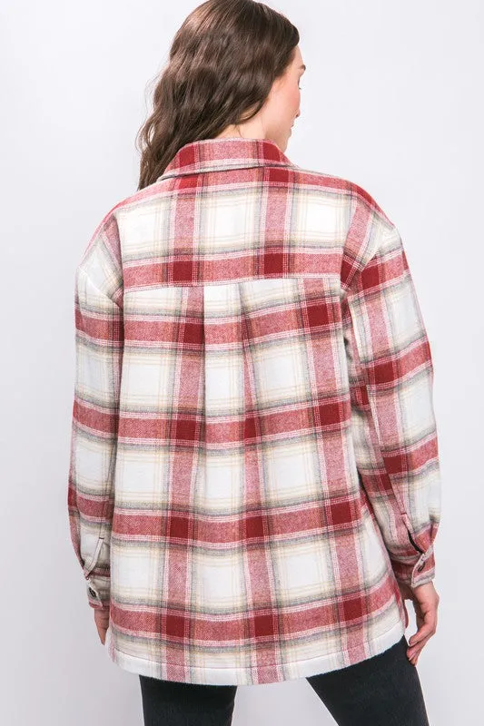 Terra Cotta Plaid Button Up Jacket with Sherpa Lining