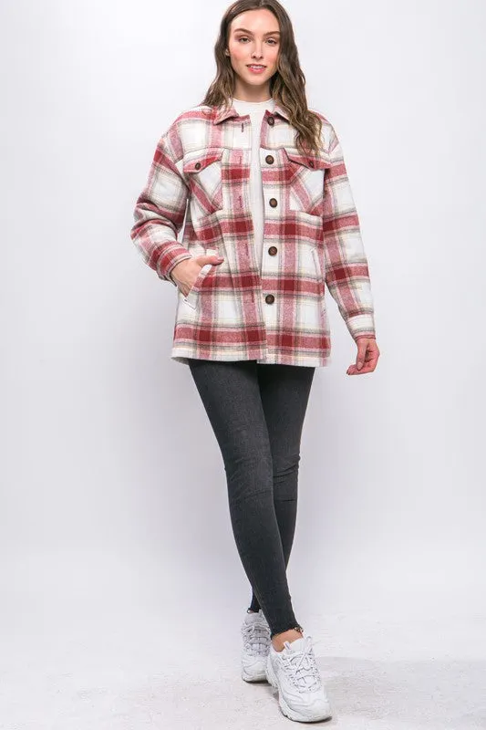 Terra Cotta Plaid Button Up Jacket with Sherpa Lining