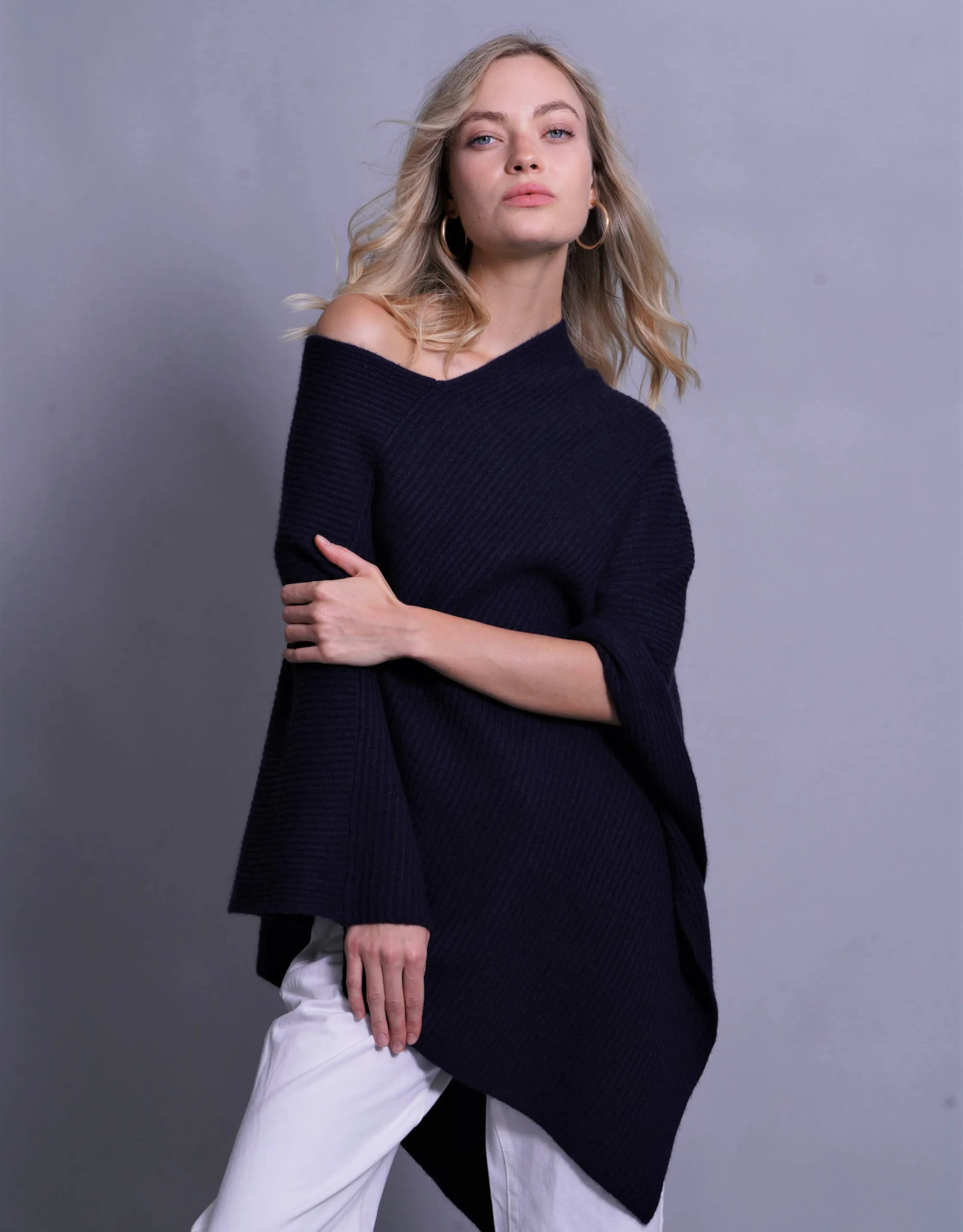 Thick Ribbed Poncho in Dark Navy