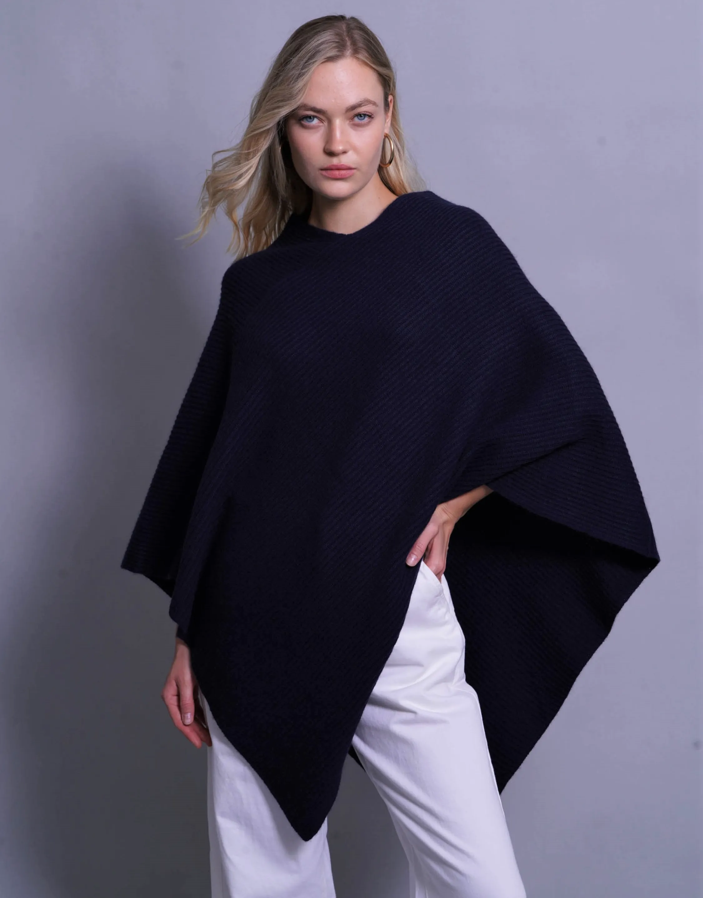 Thick Ribbed Poncho in Dark Navy