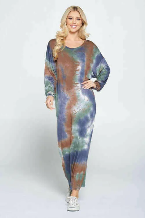 Tie Dye Long Sleeve Maxi Dress with Cuffed Sleeve